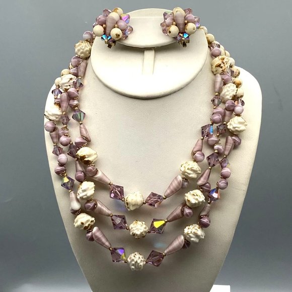 Fabiola Jewelry - Vintage Fabiola Purple Parure, Triple Strand Beaded Choker and Matching Clip On
